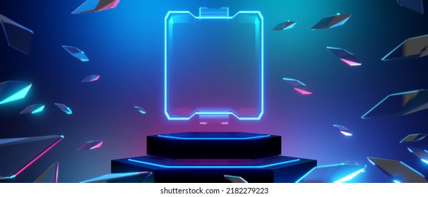 Abstract Backgound Video Game Of Esports Scifi Gaming Cyberpunk, Vr Virtual Reality Simulation And Metaverse, Scene Stand Pedestal Stage, 3d Illustration Rendering, Futuristic Neon Glow Room