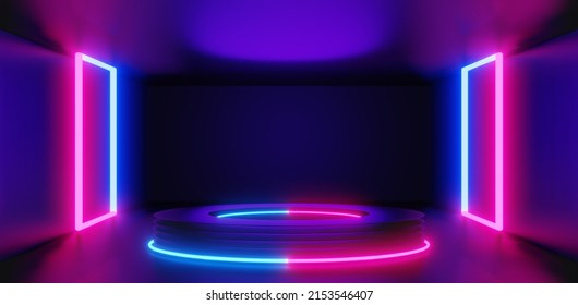 abstract backgound video game of scifi gaming cyberpunk, vr virtual reality simulation and metaverse, scene stand pedestal stage, 3d illustration rendering, futuristic neon glow room