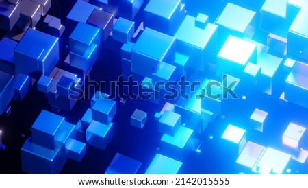 Abstract background 3D, many cubes with neon blue glow on black interesting science technology background, 3D render illustration.