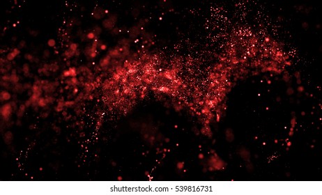 Abstract background 3d render. Chaotic particles with random size. Twisted massive of particles with glow.