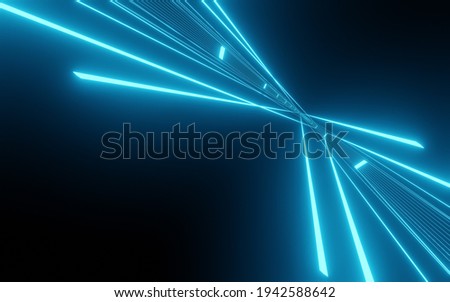 Abstract Background 3D rendering blue room with stripes of neon lights and reflections. Sci-FI Futuristic architecture background Chaotic Blue Neon Lights laser with rays and lines.
