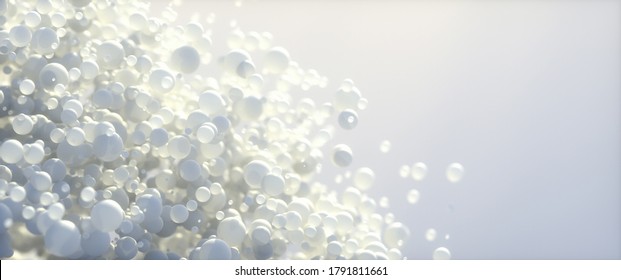 Abstract Background Of 3d Spheres. Modern Plastic Pastel Bubbles. Concept Of Science Physics Nano Rendering Glossy Balls