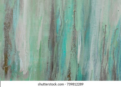 Abstract background. Acrylic washes and stains on canvas. Colors: green, mint, blue, brown