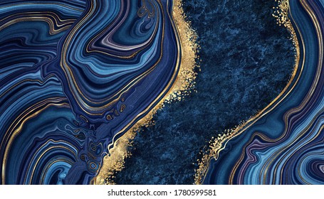 fondo abstracto de mármol azul agate de mosaico de granito con venas doradas, técnica kintneri japonesa, textura de piedra artificial pintada falsa, superficie de mármol, ilustración de mármol digital