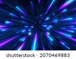 Abstract background in blue and purple neon glow colors on black. Speed of light in galaxy. Explosion in universe. Cosmic background for event, party, carnival, celebration, anniversary or other.