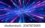 Abstract background in blue and purple neon glow colors. Speed of light in galaxy. Explosion in universe. Space background for event, party, carnival, celebration, anniversary or. 3D Illustration