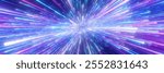 Abstract background in blue and purple neon glow colors. Speed of light in galaxy. Explosion in universe. Space background for event, party, carnival, celebration, anniversary or other. 3D rendering.