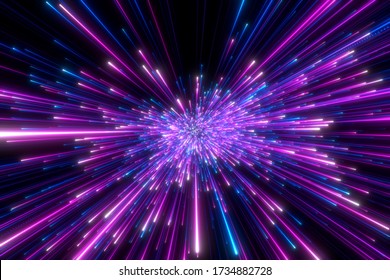 Abstract Background In Blue And Purple Neon Glow Colors. Speed Of Light In Galaxy. Explosion In Universe. Cosmic Background For Event, Party, Carnival, Celebration, Anniversary Or Other. 3D Rendering.