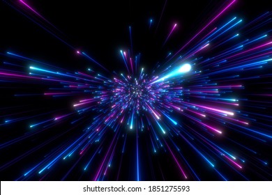 Abstract Background In Blue And Purple Neon Glow Colors. Speed Of Light In Galaxy. Explosion In Universe. Cosmic Background For Event, Party, Carnival, Celebration Or Other. 3D Rendering.