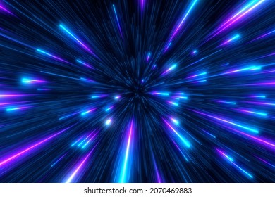 Abstract background in blue and purple neon glow colors. Speed of light in galaxy. Explosion in universe. Cosmic background for event, party, carnival, celebration, anniversary or other. 3D rendering.
