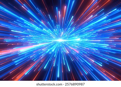 Abstract background in blue and red neon glow colors. Speed of light in galaxy. Explosion in universe. Space background for event, party, carnival, celebration, anniversary or other. 3D Illustration - Powered by Shutterstock - Get 15% off with code: PIKWIZARD15