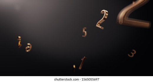 Abstract background. Bokeh background. Golden numbers floating on a black bokeh background. 3D render.