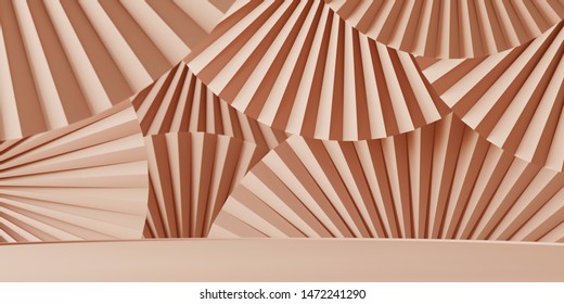 Abstract background for branding, identity and packaging presentation. Podium on nude color paper fan medallion background. 3d rendering illustration.