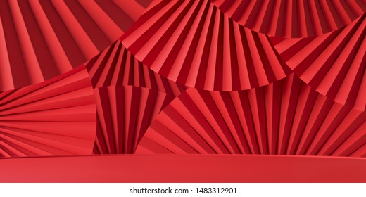 Abstract background for branding, identity and packaging presentation. Podium on red paper fan medallion background. 3d rendering illustration.