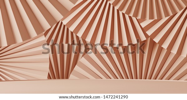 Abstract background for branding, identity\
and packaging presentation. Podium on nude color paper fan\
medallion background. 3d rendering\
illustration.