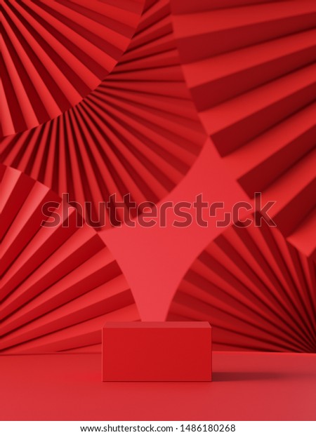 Abstract background for branding, identity\
and packaging presentation. Podium on red paper fan medallion\
background. 3d rendering\
illustration.