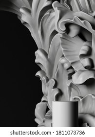 Abstract background for branding and packaging presentation. Grey podium and ornament molding on black background. 3d rendering illustration. Clipping path of each element included.