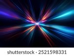 Abstract background with bright lines of light in various colors converging on a central point against a dark background.