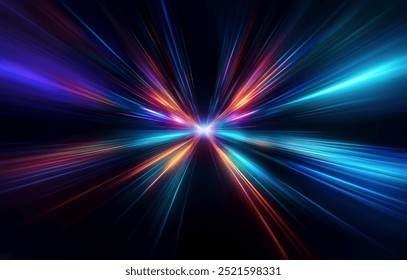 Abstract background with bright lines of light in various colors converging on a central point against a dark background. - Powered by Shutterstock