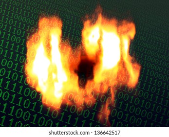 Abstract background of burning binary computer language code.