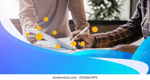 Abstract background. Business Ideas with Digital Planning and Partnerships and Financial Growth with Future Investments. blue, hand, Teamwork, Tablet, , Technology, Analytics, Strategy, Innovation - Powered by Shutterstock