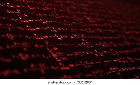 Abstract background. The camera flies past a large number of financial formulas on computer screen. Pixelated design. 3d render. Great for screen insert. 