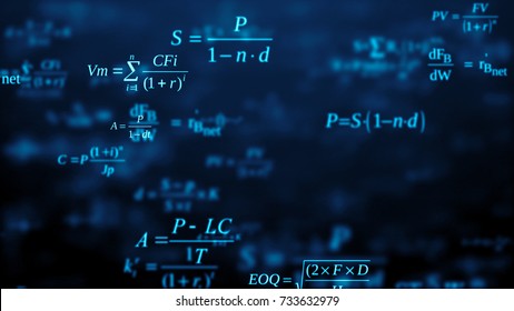 Abstract background. The camera flies past a large number of mathematical formulas on a dark background. Business concept. 3d render. School education presentation or graduation project. 