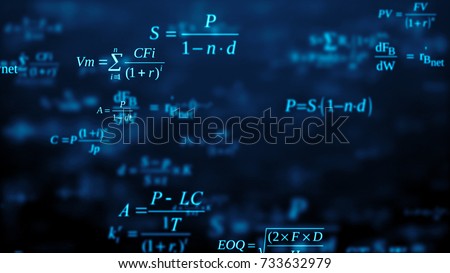 Abstract background. The camera flies past a large number of mathematical formulas on a dark background. Business concept. 3d render. School education presentation or graduation project.  Foto d'archivio © 