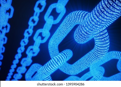 Abstract background with chain concept. Medical Blockchain. DNA Base Pairs Blockchain. Adenine, thymine, cytosine and guanine are four nucleotides in DNA - ATCG. 3D Rendering