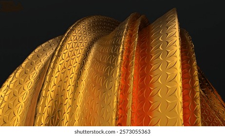 An abstract background with a chic atmosphere featuring a golden metallic surface, exuding luxury with modern curves, elegantly rendered in 3D. High quality 3d illustration
