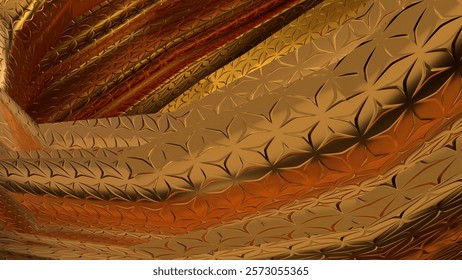 An abstract background with a chic atmosphere featuring a golden metallic surface, exuding a sense of luxury and elegance, rendered in a modern 3D style. High quality 3d illustration