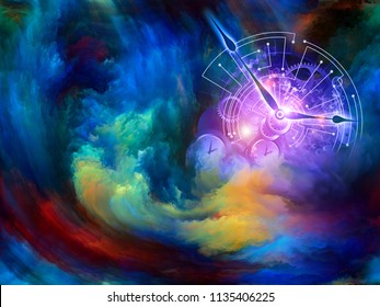 Abstract Background Of Clock Dials Fused With Wavy Forms And Colors Of Digital Canvas On The Subject Of Time, Reality, Eternity And Modern Technology. Custom Background Series.