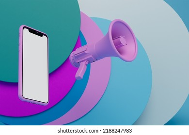 Abstract Background From Colorful Circles. Transmission Of Important Information Online Via Smartphone Or Loudspeaker. Propaganda, Fake News. Copy Paste, Copy Space. 3d Render. 3d Illustration