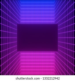 Abstract background with a colorful dynamic grid. Glowing lines on dark background. 3d rendering.