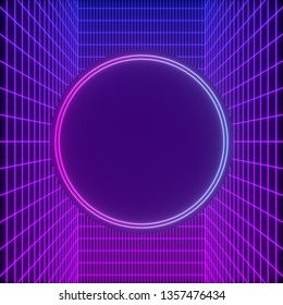 Abstract background with a colorful dynamic grid. Glowing lines on dark background. 3d rendering.