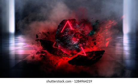 Abstract background with comet explosion. Dark room with smoke, burning stone, laser beam, red neon. Space explosion in the room. 3D illustration