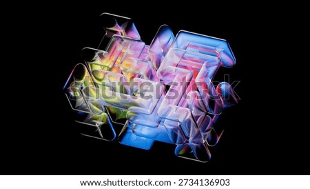 Abstract background with complex geometric maze of translucent glass, refracting bright neon light. Digital 3D illustration