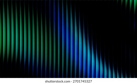 An abstract background composed of vertical stripes in vibrant green and blue tones. Diagonal light and shadow interplay, producing a futuristic and dynamic visual effect with a sense of depth.