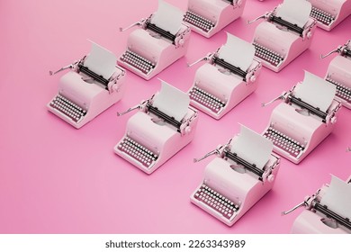 an abstract background consisting of patterns of old typewriters with white sheets on a pink background. 3D render.