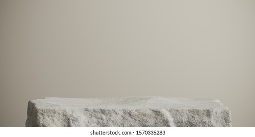 Abstract background for cosmetic product branding, identity and packaging inspiration. White stone podium with tan color background. 3d rendering illustration.