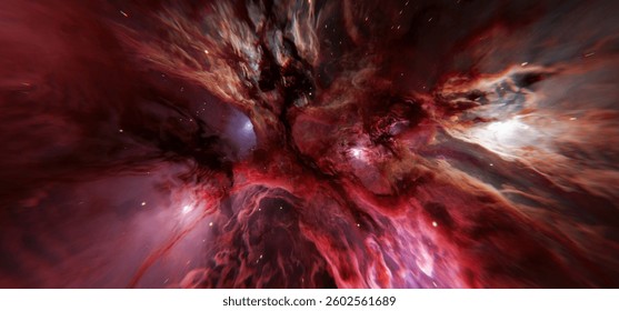 Abstract background of cosmic nebula with deep red and blue tones, glowing star clusters, and swirling gaseous clouds. Perfect for sci-fi backgrounds, space visuals, and fantasy designs. 3D render