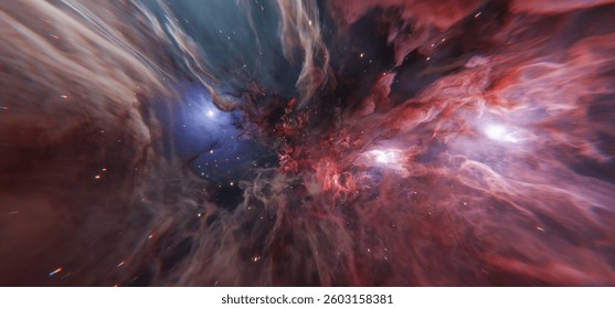 Abstract background of cosmic nebula with deep red and blue tones, glowing star clusters, and swirling gaseous clouds. Perfect for sci-fi backgrounds, space visuals, and fantasy designs. 3D render
