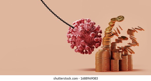 Abstract background for COVID-19 outbreak crisis to collapse the global economy. COVID-19 Virus pendulum swinging to dollar coin on beige background. 3d rendering illustration.