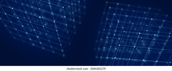 Abstract Background With Cube. 3d Rendering. Technology Shape With Lines And Dots. Futuristic Concept. Block Chain.