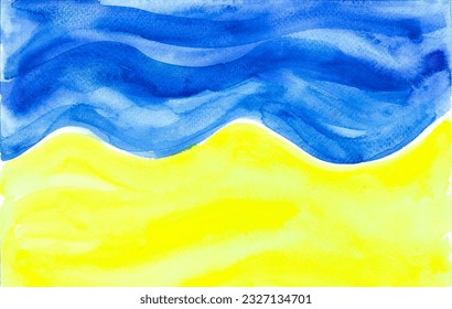 Abstract background divided in half by two colors. Blue above and yellow below. Wavy lines. Watercolor blur with white highlights. Flag of Ukraine. - Powered by Shutterstock