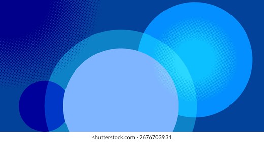 abstract background dynamic arrangement overlapping circles shades of blue and halftone dot pattern. Solid translucent circles create a layered effect. Textured elements  modern and graphic feel.