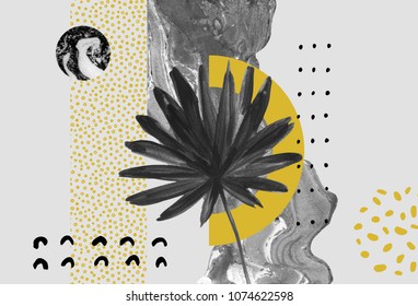Abstract background: dynamic black golden brush stroke, minimal elements, tropical leaf. Acrylic smudge shape, doodles in modern style. Doodle, golden texture background. Hand painted art illustration