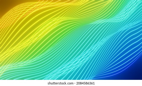 Abstract background with dynamic colourful particle sound waves. Wave of musical soundtrack for record. 3d blend. Sound oscillation design.Element for theme technology futuristic. Rainbow colours