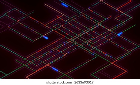 Abstract background of electronic metro map neon lines move along a given route and create a schematic animation. Transport interchange. 3D rendering. 3D Illustration
