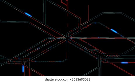 Abstract background of electronic metro map neon lines move along a given route and create a schematic animation. Transport interchange. 3D rendering. 3D Illustration